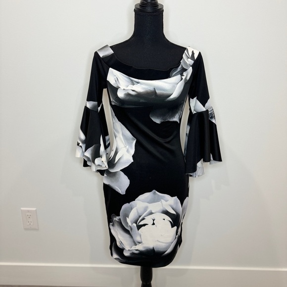 Venus Off Shoulder Black and White Bodycon Dress (XS) - Picture 3 of 10